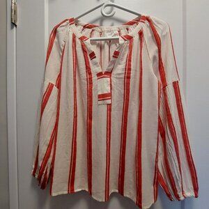 GAP Women's 100% Cotton White/Red Stripe L/S Banded Split Neckline Blouse XS/TP